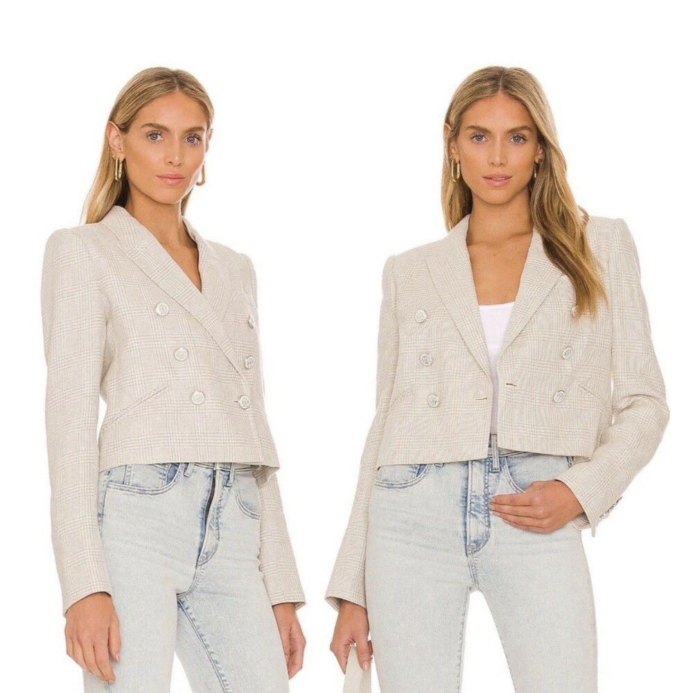 Veronica Beard Nevis Jacket Size 8 Ivory Plaid Linen Cotton Blend Cropped Blazer